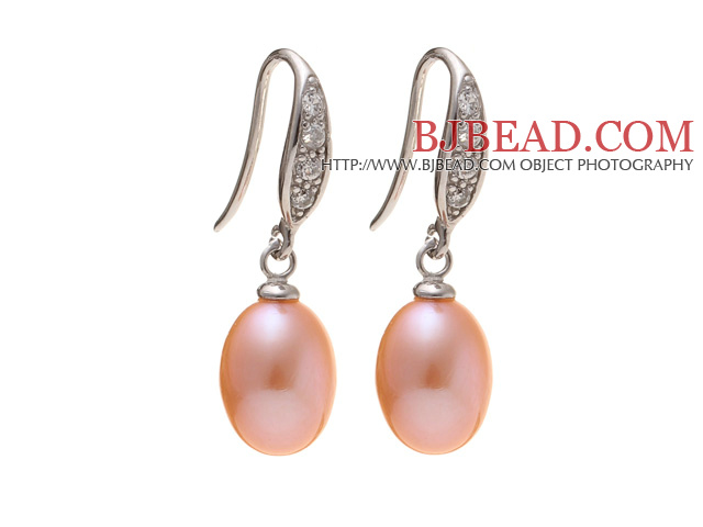 Fashion 8-9mm Natural Pink Freshwater Pearl Earrings With 925 Sterling Silver Rhinestone Fish Hook