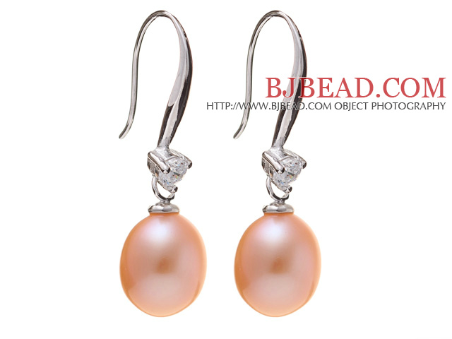 Nice Simple Style 8-9mm Natural Pink Freshwater Pearl Earrings With 925 Sterling Silver Rhinestone Fish Hook