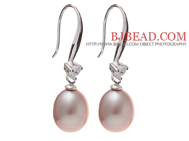 Nice Simple Style 8-9mm Natural Purple Freshwater Pearl Earrings With 925 Sterling Silver Rhinestone Fish Hook