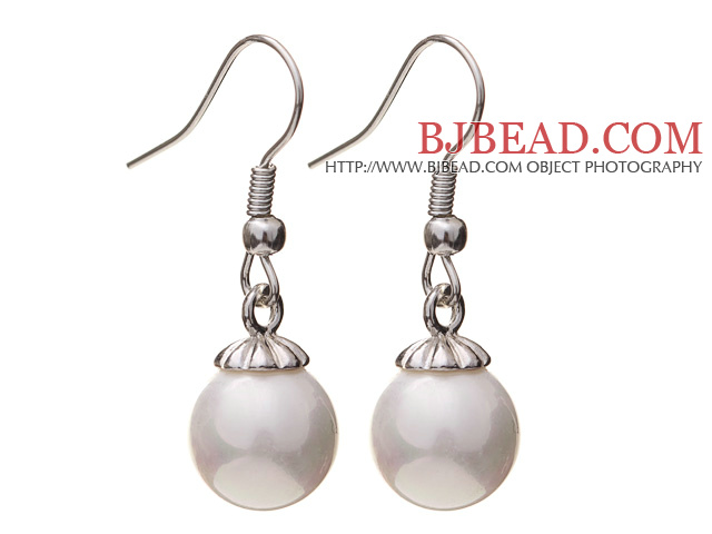 Lovely 10mm Round White Seashell Beads Drop Earrings With Fish Hook
