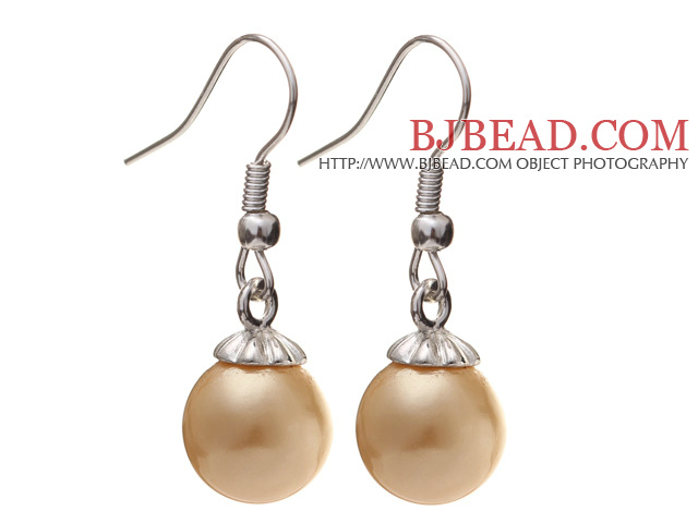 Lovely 10mm Round Champagne Color Seashell Beads Drop Earrings With Fish Hook
