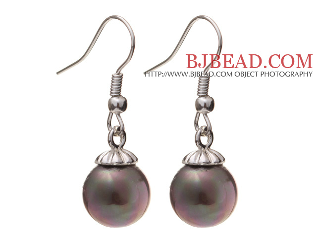 Lovely 10mm Round Dark Purple Seashell Beads Drop Earrings With Fish Hook