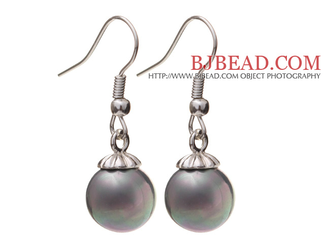 Lovely 10mm Round Gray Seashell Beads Drop Earrings With Fish Hook