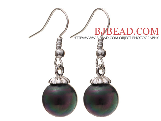 Lovely 10mm Round Black AB Color Seashell Beads Drop Earrings With Fish Hook