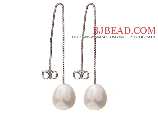Lovely Simple Style 8-9mm Natural White Freshwater Pearl Dangle Studs Earrings