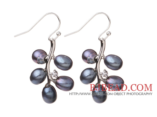 Fashion 5-6mm Natural Black Freshwater Pearl Branch Drop Earrings With Fish Hook