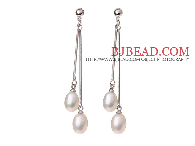 Lovely 8-9mm Natural Oval Shape White Freshwater Pearl Dangle Studs Earrings