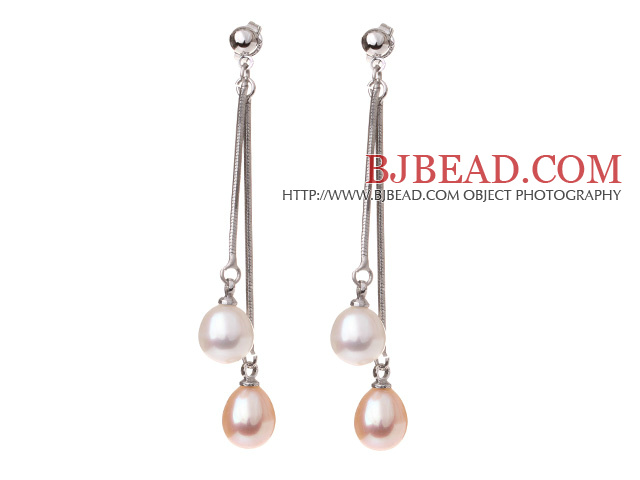 Lovely 8-9mm Natural Drop Shape White And Pink Freshwater Pearl Dangle Studs Earrings