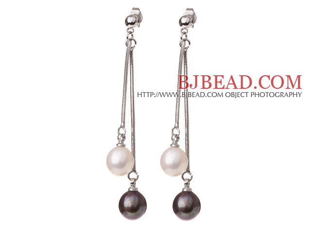 Lovely 8-9mm Natural Drop Shape White And Black Freshwater Pearl Dangle Studs Earrings