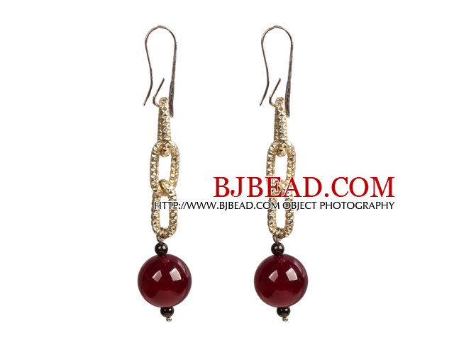 Beautiful Long Style Garnet Rose Red Agate Beads Earrings with Golden Loop Charm