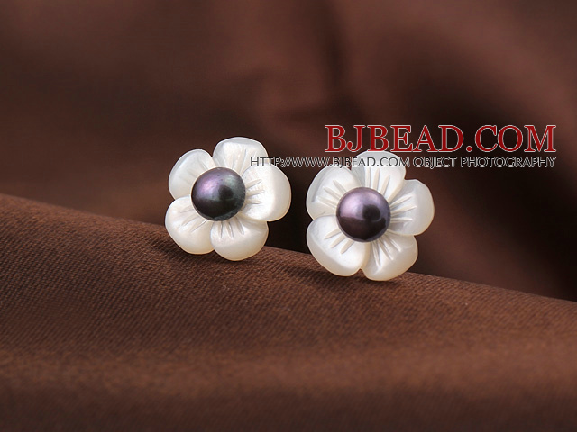 Cute Plum Flower Shape Shell and Black Pearl 925 Sterling Silver Studs Earrings