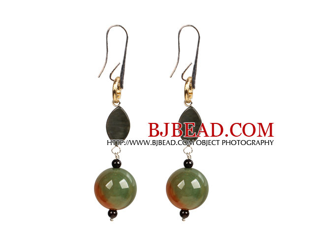 Chic Long Style Eye Shape Black Lip Shell Peacock Agate Garnet Beads Dangle Earrings