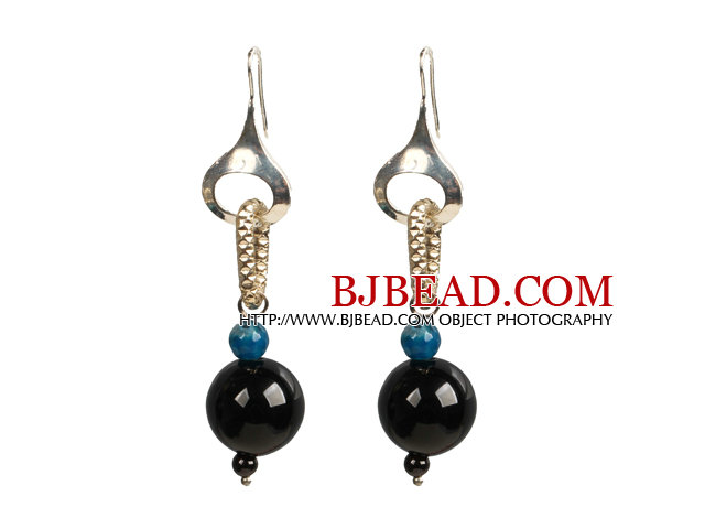 Trendy Style Blue & Black Agate Beads Dangle Earrings with Golden Loop Charm