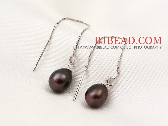 New Arrival Long Style Drop Shape Brown Pearl 925 Sterling Silver Ear Line Jewelry