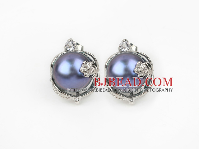 Fashion Style 11-12mm Natural Black Freshwater Pearl Studs Earrings with Flower Shape Rhinestone Accessories