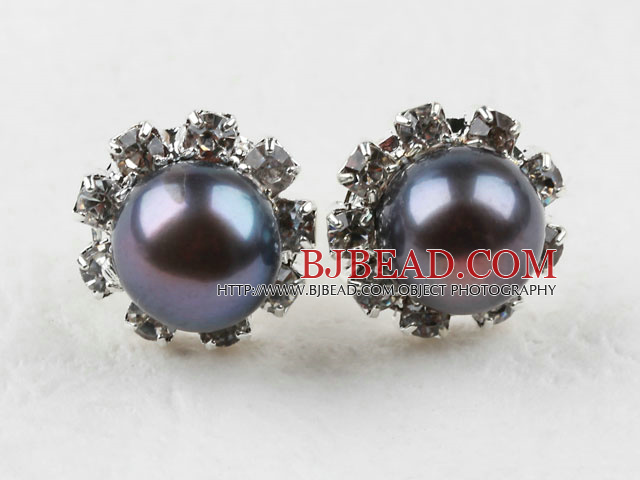 Classic Design Natural Black Freshwater Pearl Studs with Rhinestone
