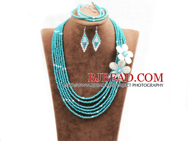 Beautiful 6 Layers Lake Blue Crystal Beads Costume African Wedding Jewelry Set (Necklace, Bracelet & Earrings