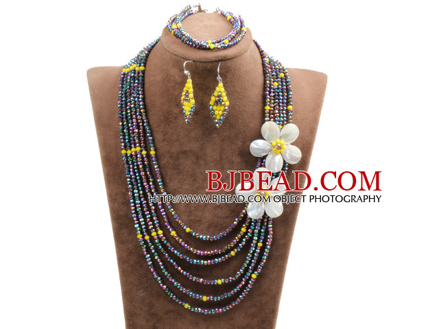 Beautiful 6 Layers Multi Color Crystal Beads Costume African Wedding Jewelry Set (Necklace, Bracelet & Earrings