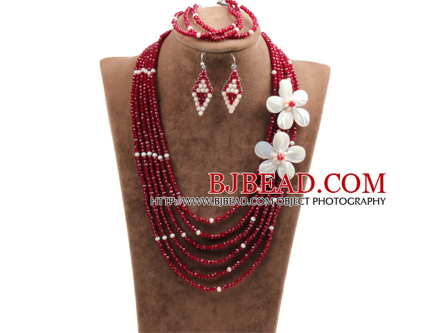 Beautiful 6 Layers Opal & Red Crystal Beads Costume African Wedding Jewelry Set (Necklace, Bracelet & Earrings