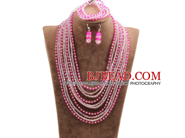 Fantastic Statement 10 Layers Rose Red & Pink Crystal African Wedding Jewelry Set (Necklace, Bracelet & Earrings)