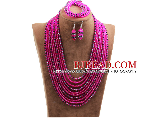 Fantastic Statement 10 Layers Rose Red & Black Crystal African Wedding Jewelry Set (Necklace, Bracelet & Earrings)