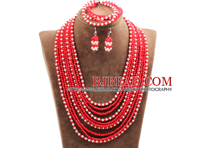 Fantastic Statement 10 Layers Red & White Crystal African Wedding Jewelry Set (Necklace, Bracelet & Earrings)