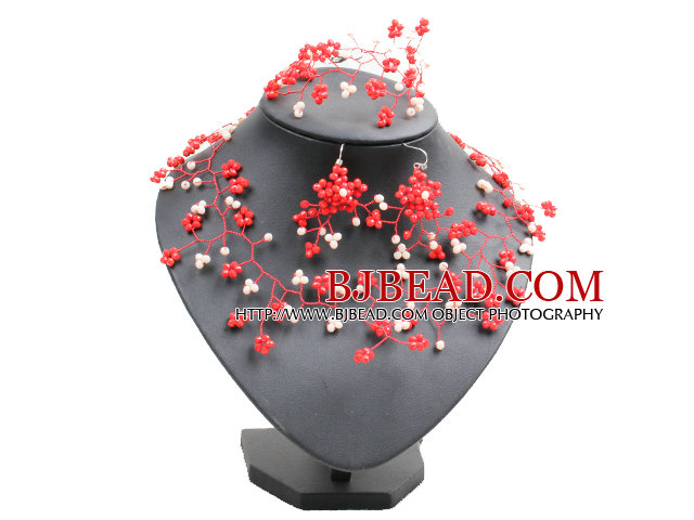 Trendy Style Woven Brench Shape White & Red Jade-like Crystal Jewelry Set (Necklace, Bracelet & Earrrings)