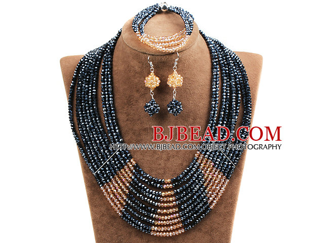 Beautiful Shining 10-Row Black & Orange Crystal Beads African Wedding Jewelry Set (Necklace, Bracelet & Earrings)