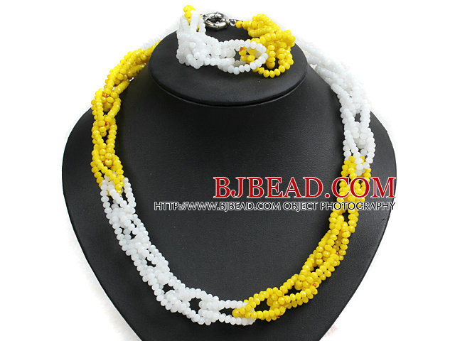Unique Design Fashion Yellow & White Jade-like Crystal Beads Jewelry Set (Necklace & Bracelet with Moonlight Clasp)