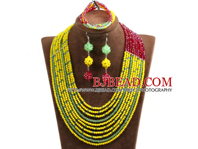 Hipanema 10-Row Yellow & Green & Red Crystal African Wedding Jewelry Set (Necklace $ Bracelet & Earrings)