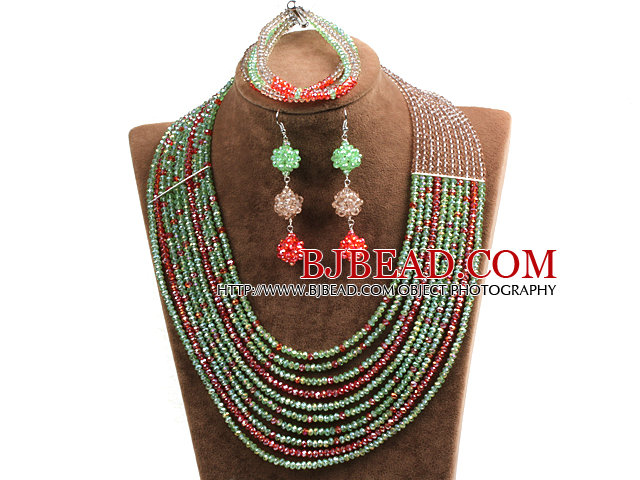 Hipanema 10-Row Green & Brown & Red Crystal African Wedding Jewelry Set (Necklace $ Bracelet & Earrings)