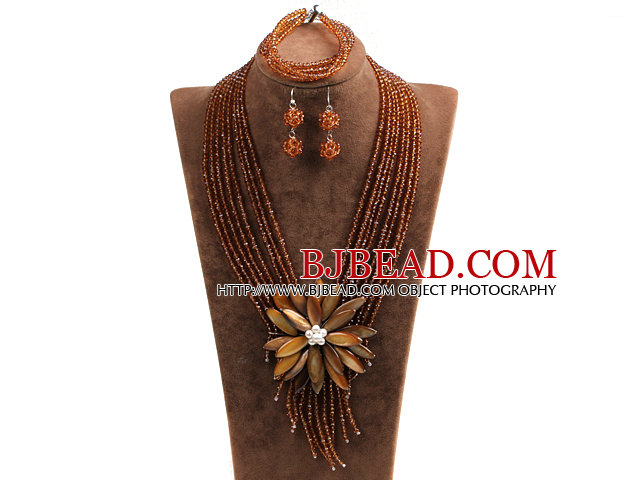 Statement Graceful Multi Layer Brown Crystal Beads Big Shell Flower Jewelry Set (Necklace & Bracelet & Earrings)