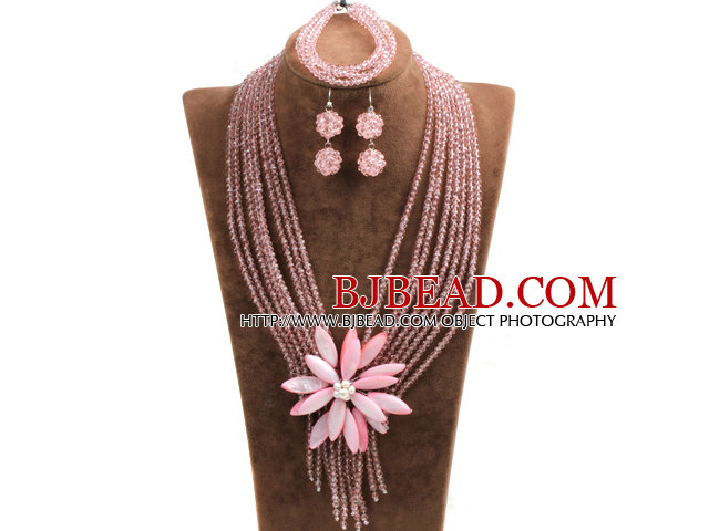 Statement Graceful Multi Layer Pink Crystal Beads Big Shell Flower Jewelry Set (Necklace & Bracelet & Earrings)