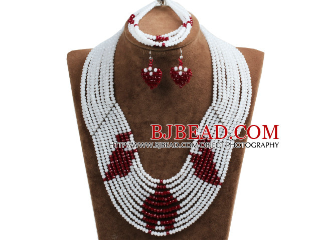 Fantastic Pretty Multi Layer White & Red Heart Pattern Crystal Beads Jewelry Set (Necklace & Bracelet & Heart Earrings)