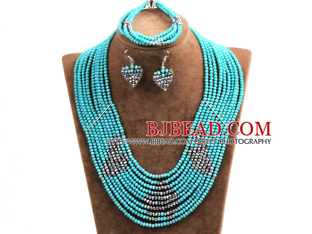 Fantastic Pretty Multi Layer Green & Silver Heart Pattern Crystal Beads Jewelry Set (Necklace & Bracelet & Heart Earrings)