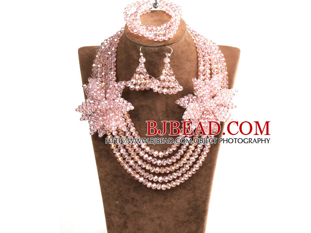 Sparkly Multi Layer Pink Crystal Beads African Wedding Jewelry Set With Statement Crystal Flower (Necklace, Bracelet & Earrings)