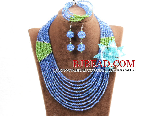 Gorgeous Multi Layer Blue & Green Crystal Beads African Wedding Jewelry Set With Statement Crystal Flower(Necklace, Bracelet & Earrings)