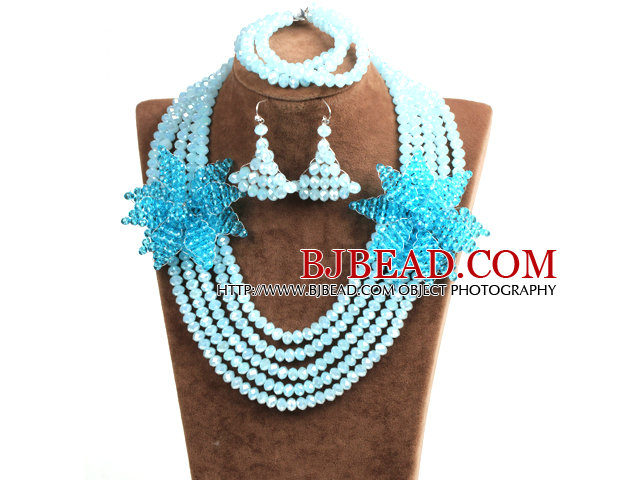 Sparkly Multi Layer Blue Crystal Beads African Wedding Jewelry Set With Statement Crystal Flower (Necklace, Bracelet & Earrings)