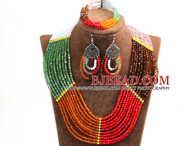 Fantastic Colorful Multi Layer Crystal Beads African Wedding / Party Jewelry Set (Necklace, Bracelet & Earrings)