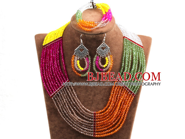Hipanema Colorful Multi Layer Crystal Beads African Wedding / Party Jewelry Set (Necklace, Bracelet & Earrings)