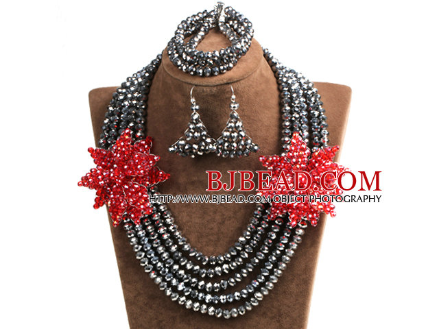 Sparkly Multi Layer Black Crystal Beads African Wedding Jewelry Set With Statement Red Crystal Flower (Necklace, Bracelet & Earrings)