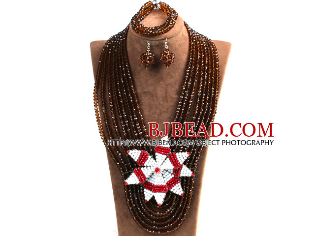 Statement Party Style Multi Layer Brown Crystal Beads African Costume Jewelry Set With Big Flower (Necklace, Bracelet & Earrings)