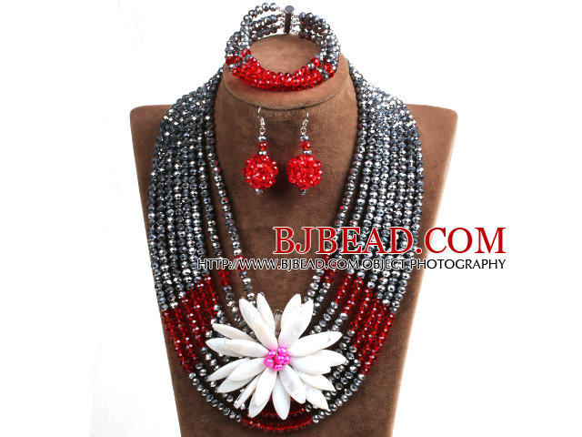 Elegant Multi Layer Silver & Red Crystal Beads Costume Jewelry Set with Statement White Shell Flower (Necklace, Bracelet & Earrings)