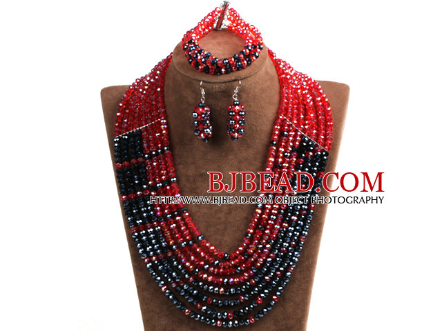 Trendy Party Style Multi Layer Red & Black Crystal African Wedding Jewelry Set (Necklace, Bracelet & Earrings)