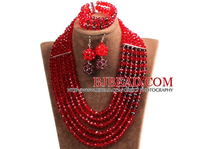 Fabulous Multi Layer Red & Brown Crystal Beads African Costume Jewelry Set (Necklace, Bracelet & Earrings)