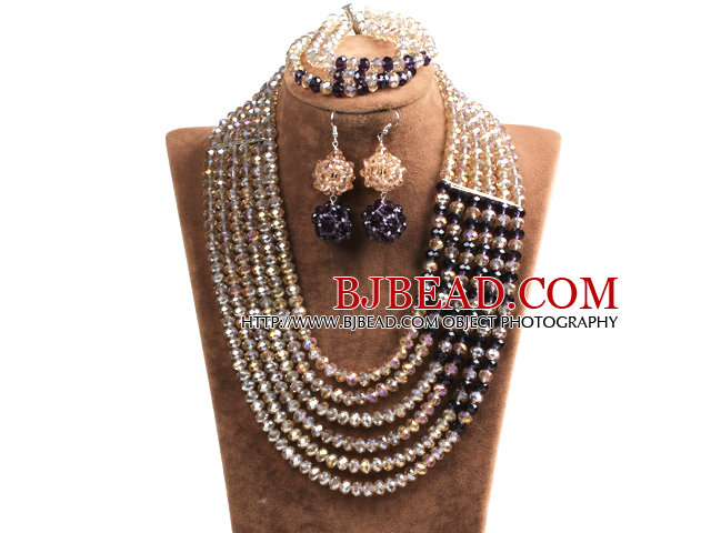 Fabulous Multi Layer Champagne & Purple Crystal Beads African Costume Jewelry Set (Necklace, Bracelet & Earrings)