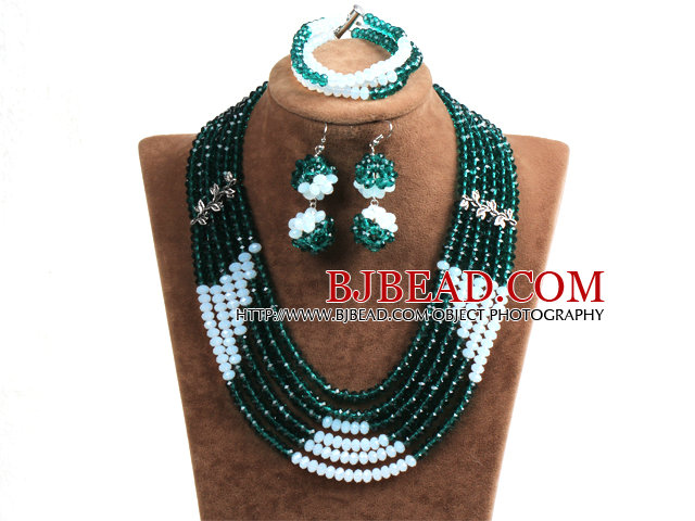 Popular Style Multi Layer Dark Green & White Crystal African Wedding Jewelry (Necklace, Bracelet & Earrings)