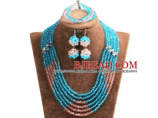 Popular Style Multi Layer Bright Blue & Pink Crystal African Wedding Jewelry (Necklace, Bracelet & Earrings)
