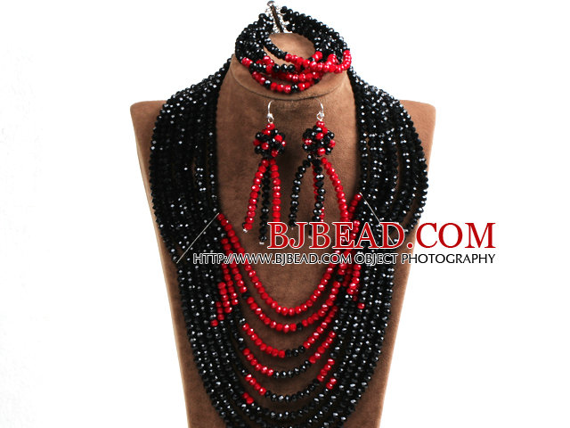 Splendid 8-Row Black & Red Crystal Beads African Wedding Jewelry Set (Necklace, Bracelet & Earrings)