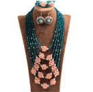 Fabulous Multi Layer Pink Crystal Ball  Lake Green Crystal Beads Costume Jewelry Set (Necklace, Bracelet & Earrings)